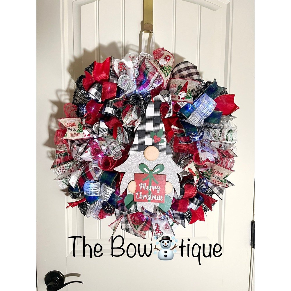 Handmade Merry Christmas Gnome Holiday Ribbon Door Wreath 22 ins W47
